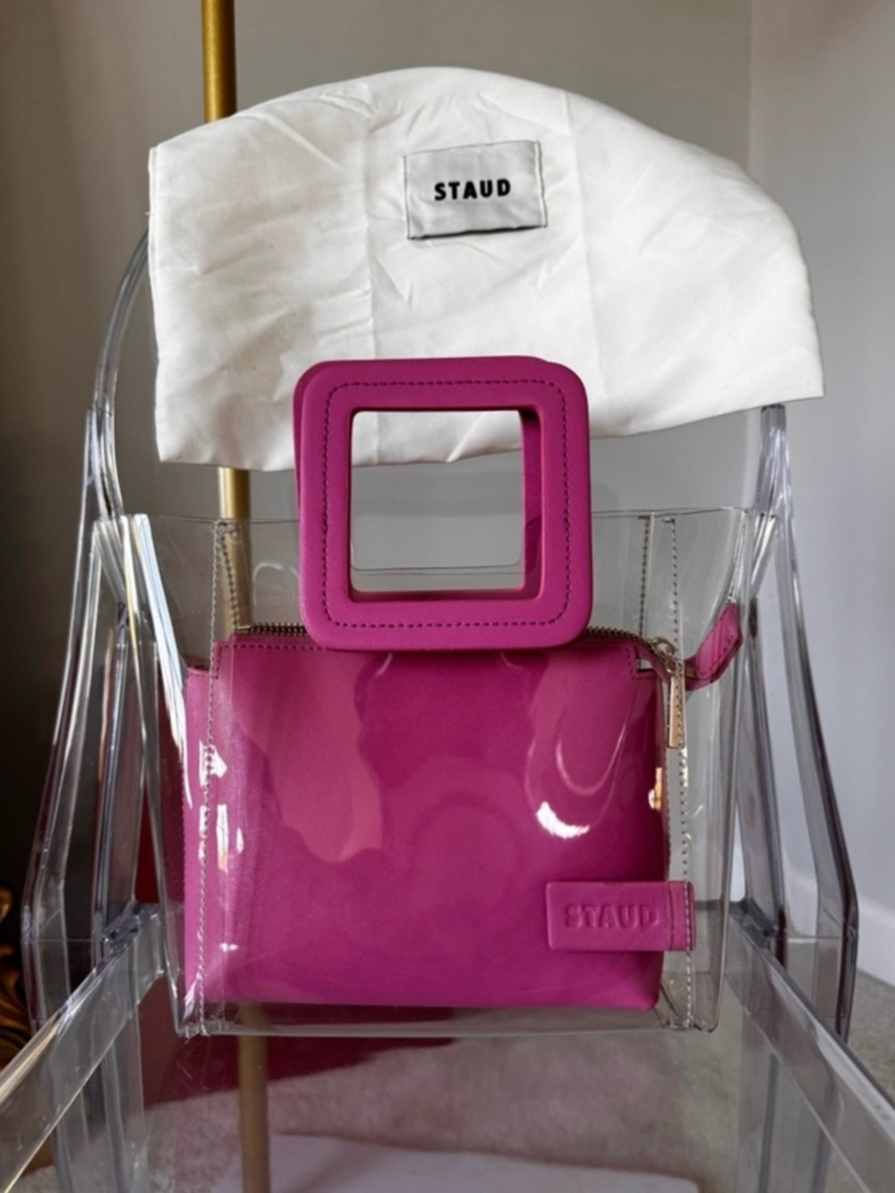 STAUD Pink Clear PVC Tote with Pink Pouch w/Dress